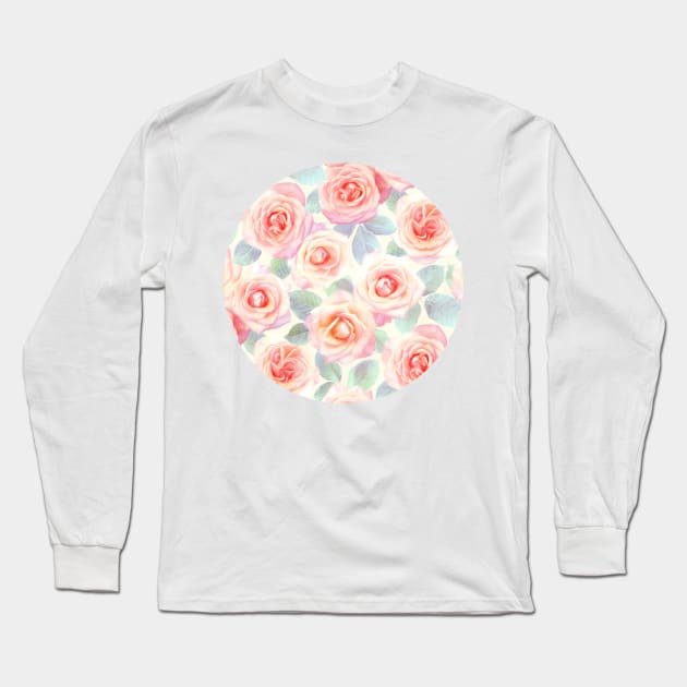 Faded Pink and Peach Painted Roses Long Sleeve T-Shirt by micklyn